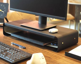 Moderne metalen monitorstandaard en bureauplank, bureaudecor, monitorverhoger en computerbureau-organizer, ergonomisch kantoordecor, laptopstandaard