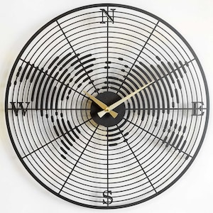 Reloj de pared de metal con mapa del mundo, reloj de pared con brújula, reloj de pared único, reloj de pared moderno, relojes de pared, reloj de pared grande, reloj de pared negro