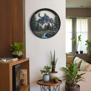Unieke 3D-muurdecoratie, metalen landschapskunst aan de muur, natuur bergdecor, meer en boom muurkunst, woondecoratie, modern muurdecor, wandkleden
