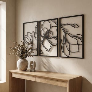 3-teiliges Blumenmetallwand-Kunst-Set, große Metallwanddekor, Metalllinie Kunst, Wandbehänge, Wohnzimmer-Wandkunst, Schlafzimmer-Wanddekor
