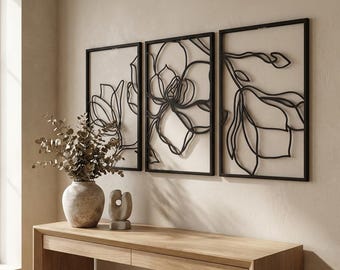 3 Piece Floral Metal Wall Art Set, Large Metal Wall Decor, Metal Line Art, Wall Hangings, Living Room Wall Art, Bedroom Wall Decor