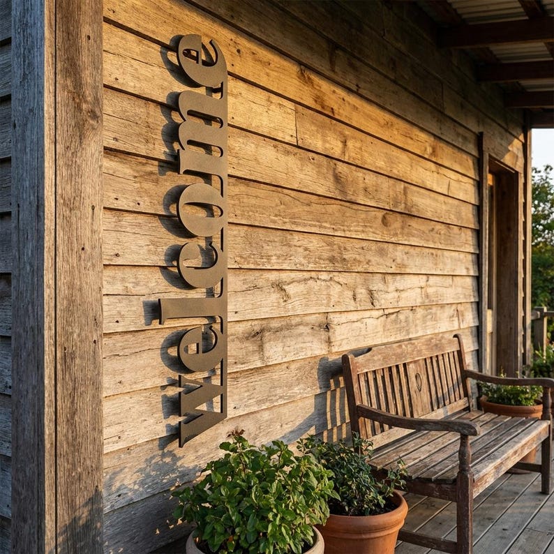 May include: A metal "Welcome" sign in a rustic font is mounted on a weathered wooden wall. The sign is dark brown and vertical. A wooden bench and potted plants sit on a porch below the sign, creating a welcoming outdoor scene.