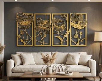 Flowers Large Metal Wall Art Set, 4 Piece Wall Decor, Living Room Wall Art, Wall Hangings, Floral Wall Decor, Above Bed Decor