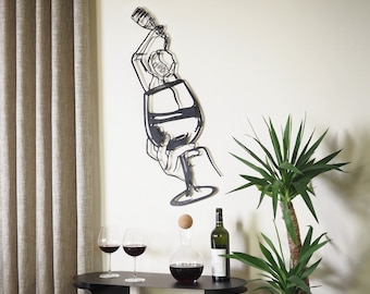 Glass of Wine Girl Metal Wall Art, Wine Bar Art, Wine Lover Gift, Modern Kitchen Wall Decor, Wine Bar Sign, Kitchen Wall Art, Metal Line Art