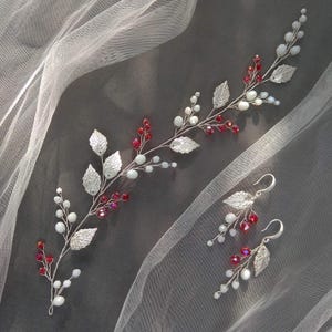 Red bridal hair piece, Red hair vine, silver leaves Wedding hair piece Wedding hair Accessories Wedding hair vine Bride wreath Wedding crown