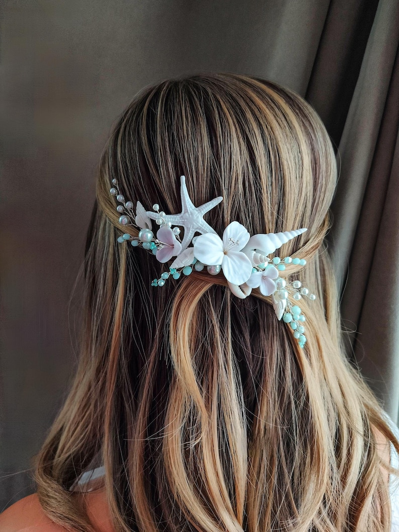 Seashell Comb Seashell Hair Comb: Mermaid Headpiece, Clay Starfish & Cowrie Shells - Etsy