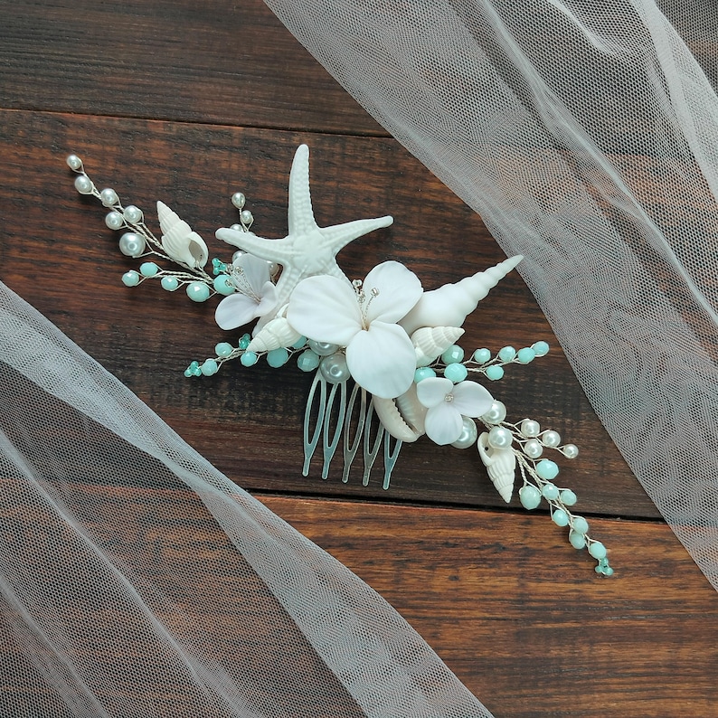Seashell Hair Comb: Mermaid Headpiece, Clay Starfish & Cowrie Shells - Etsy