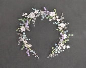 Rustic floral hair vine of white ceramic clay flowers and metal lives, Wedding headband flower crown boho style bridal wreath pastel beads