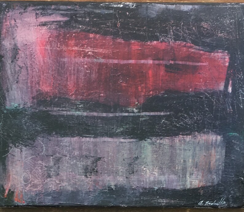 May include: Abstract painting with horizontal stripes of red, black, and purple. The painting has a textured surface and a dark background.