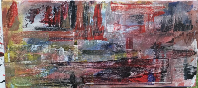 May include: Abstract painting with a mix of red, black, white, and gray paint strokes. The painting has a textured surface and a layered look.