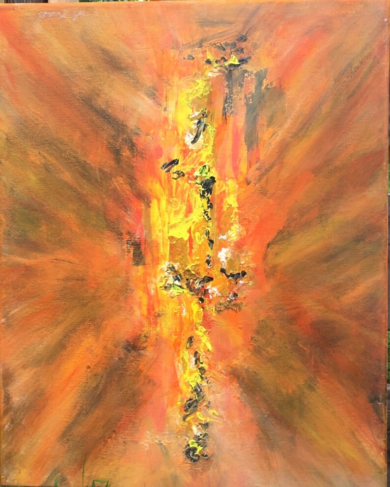 Peut inclure: Peinture abstraite avec une bande verticale jaune et orange au centre, entour&eacute;e d'un fond brun et orange.