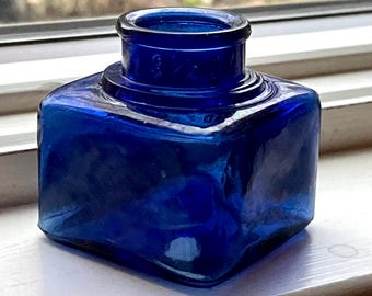 Early 1900’s Antique large Cobalt square inkwell bottle, 3 1/2 oz. blue glass bottle no chips or cracks, vintage apothecary
