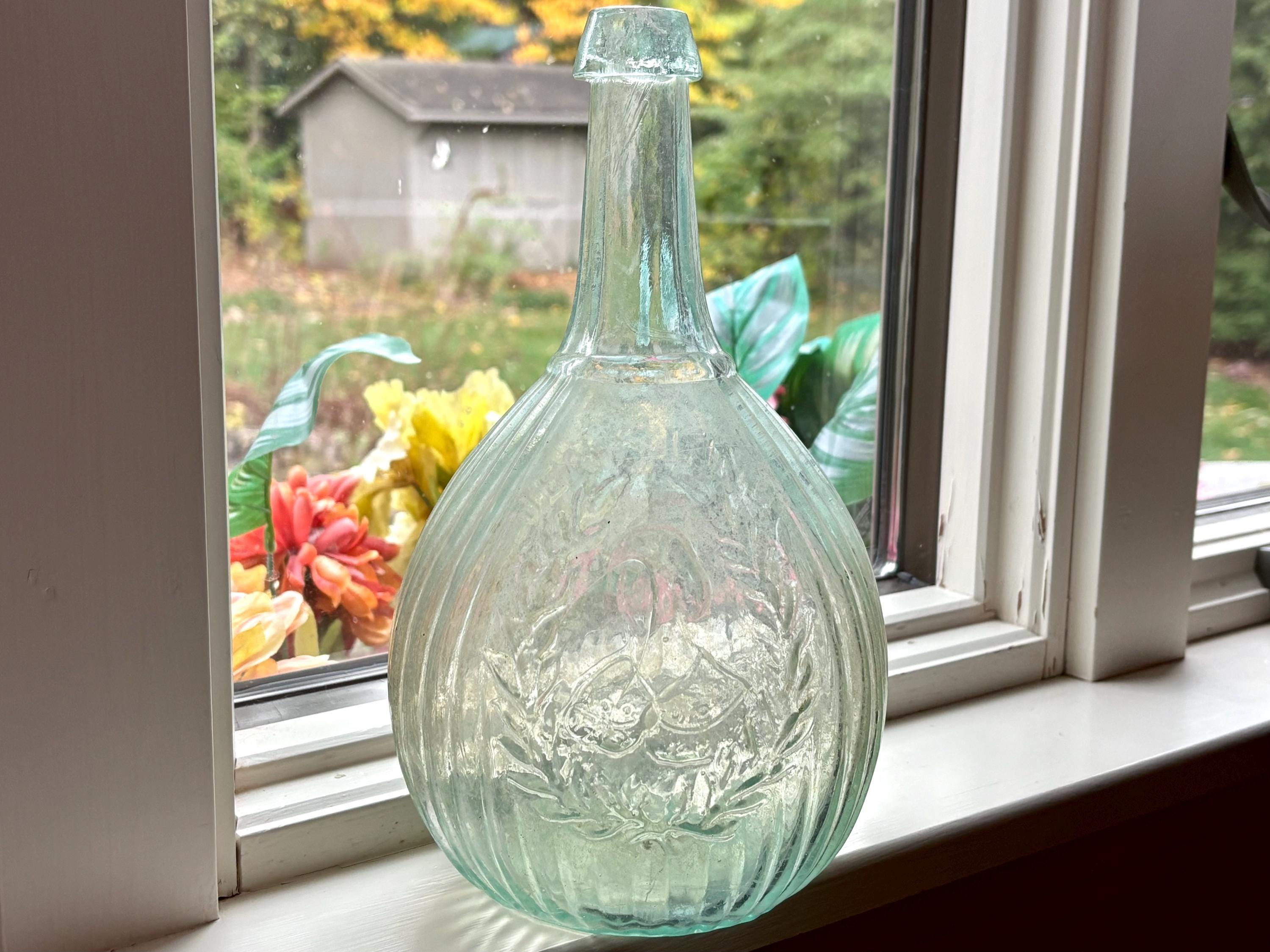 1850's Antique Open Pontil Jenny Lind Calabash Flask Bottle, No