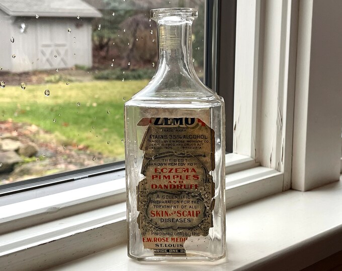 Early 1900s Zemo Eczema Tonic Bottle With Label in Beautiful Condition, No Chips, Cracks or
