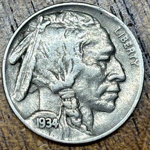 1934 Buffalo Nickel in XF-AU condition, Strong details on fur, full horn