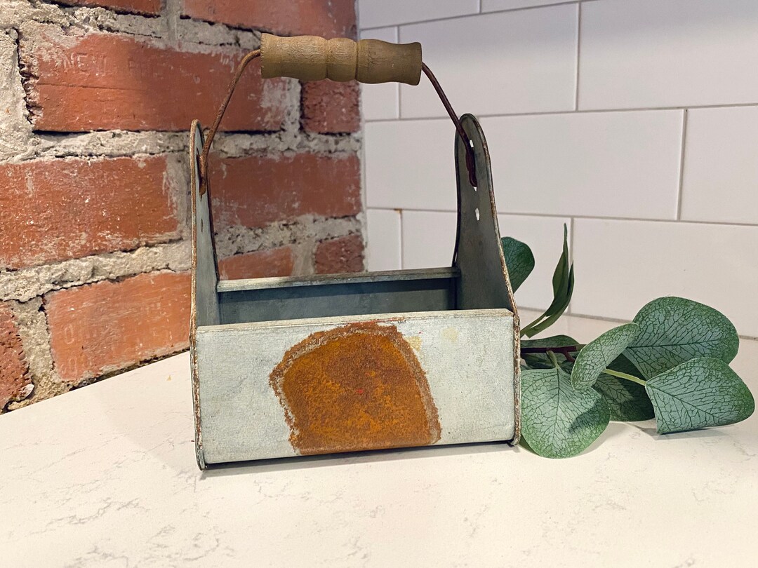 Vintage Tin Basket With Wooden Handle Etsy