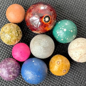 Late 1800s-Early 1900s clay marble lot (10), large Bennington, 2 stone and painted clays lot W