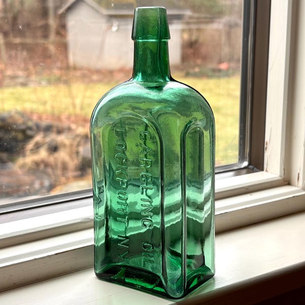 1800s Gargling Oil Emerald Green bottle, 7.5” large cork top, Lockport NY, no chips or cracks T