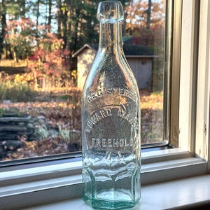 Late 1800’s Edward Maher Aqua Soda/Beer bottle with octagonal bottom and blob top lip, scarce bottle, no chips or cracks, Freehold NJ