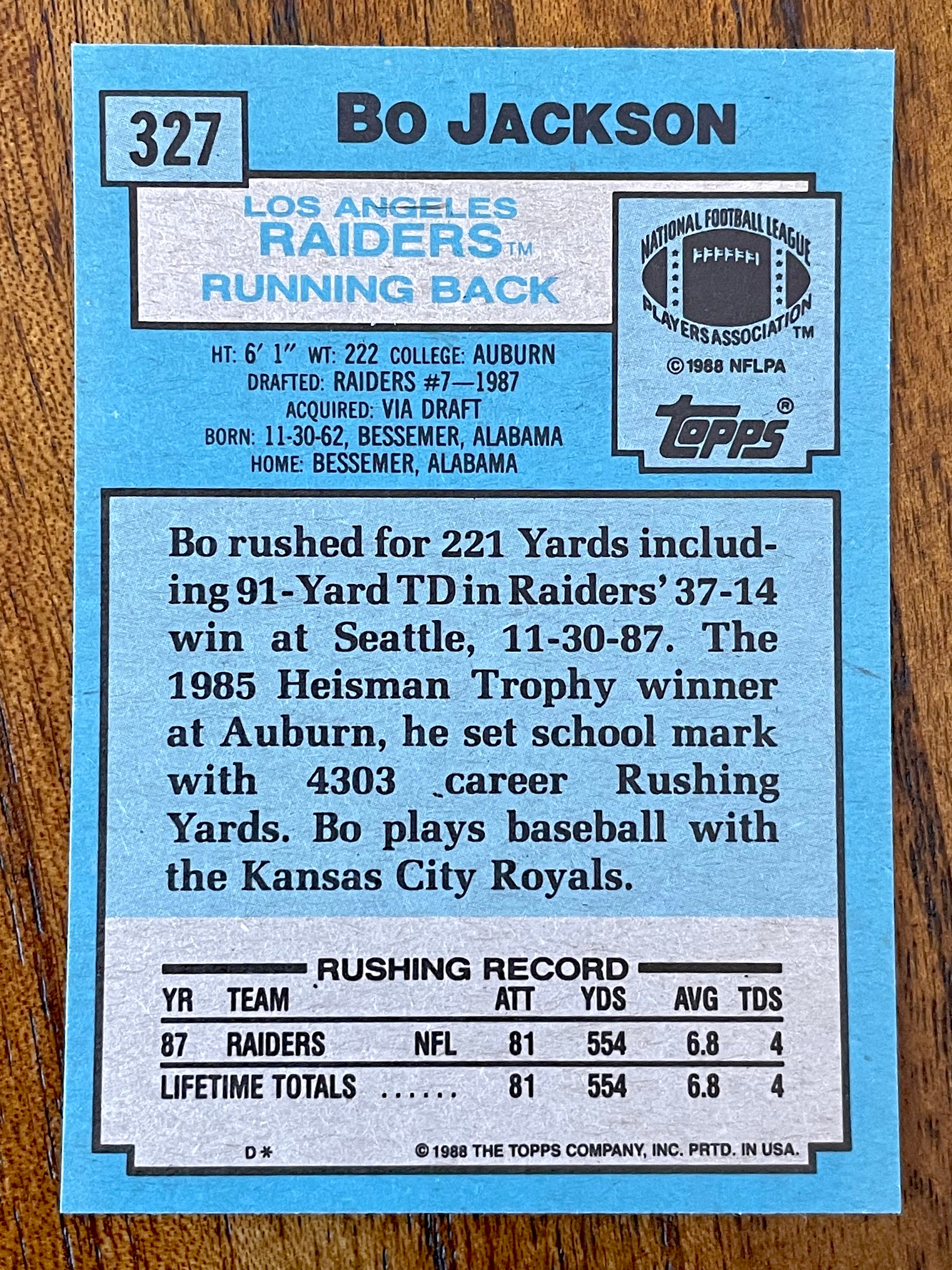 1988 Bo Jackson RC Topps Football Card 327 Sharp Corners No - Etsy