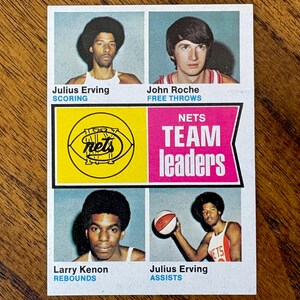 May include: A vintage basketball trading card featuring four players: Julius Erving, John Roche, and Larry Kenon. The card includes the text "NETS TEAM leaders" and player stats such as "SCORING", "FREE THROWS", "REBOUNDS", and "ASSISTS".