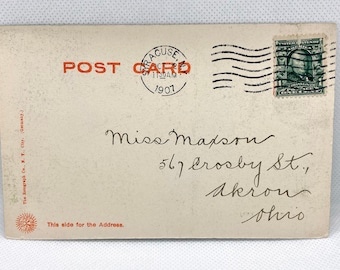 1907 Postcard with 1902-3 Benjamin Franklin perforated 1 cent stamp, Utica Academy, NY, historic handwritten note