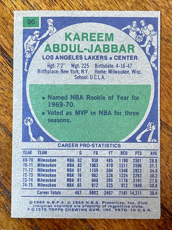 その他 NBA 1975 Kareem Abdul Jabbar PSA7 1975 Topps Kareem Abdul-Jabbar #90 PSA 7 - Triple Double