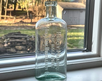 1800s Honest Measure Half Pint Flask, green glass embossed Hill Side Distillery, no chips or cracks