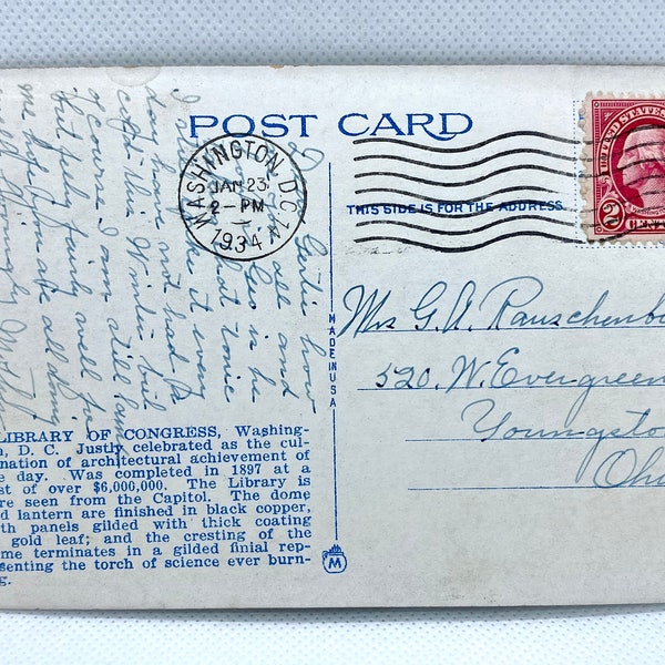 1934 Postcard with 1928 George Washington 2c Carmine Type II stamp, Library of Congress, Washington D.C., historic handwritten note