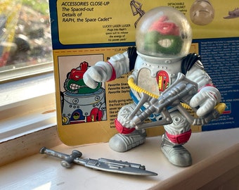 1990 Space Cadet Raphael Teenage Mutant Ninja Turtle with complete accessories and stat card, vintage TMNT