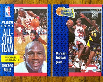 1991 Michael Jordan Fleer Basketball cards #211 and #220, sharp corners, no creases