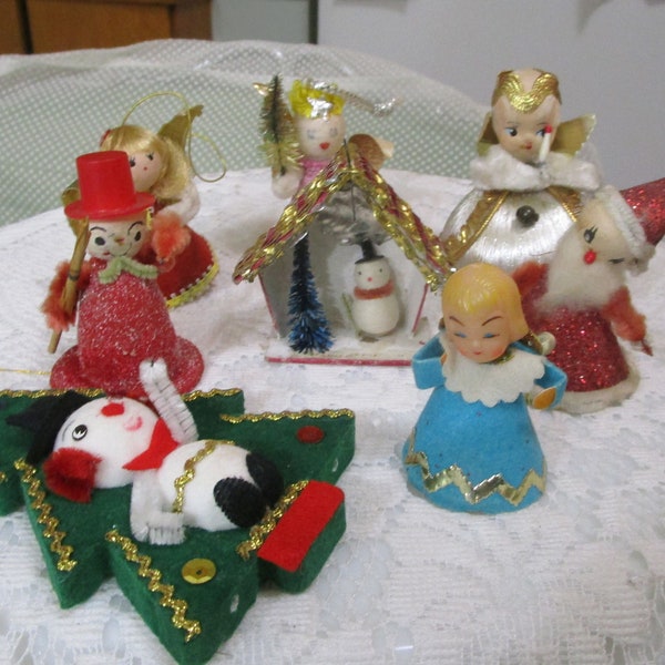 8, Christmas putz, Christmas Ornaments, Chenille Ornaments, Mica Ornaments, Japan Christmas, Vintage Christmas, Spun Cotton, Tree Ornaments