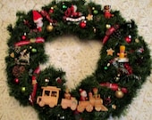 Handmade Wreath, Wooden Ornaments, Christmas Train, Wooden Train, Kitsch Wreat, Christmas Putz, Santa Train, Rocking Horse, Wooden Christmas