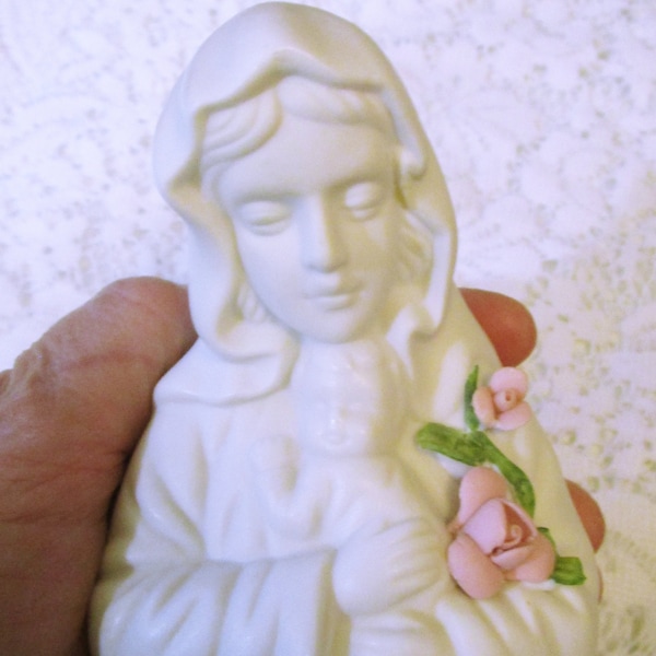 Madonna Figurine, Virgin Mary, Baby Jesus, Porcelain Roses, Porcelain Flowers, Vintage Religious, Religious Decor, Religious Figurines