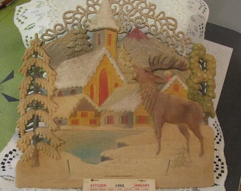 German Die Cut, Christmas Calendar, Christmas Decor, Antique Christmas, Christmas Paper, Die Cut Church, Reindeer