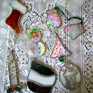 7, Stained Glass, Christmas Ornaments, Snowman Ornament, Mittens, Christmas Tree, Christmas Stocking, Vintage Ornaments, Vintage Christmas