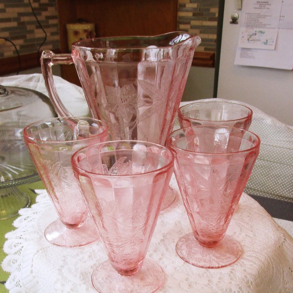Pink Depression, Glass Pitcher, Glasses, Poinsettia, Depression Glass, Pink Glass, Drink Sets, Pink Dishes, Vintage Glassware