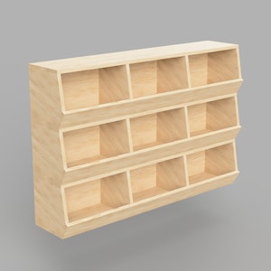 May include: A wooden shelf unit with multiple cubbyholes, ideal for organising and displaying items. The shelf is made of light wood and has a natural finish.