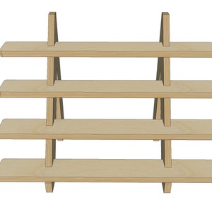 May include: A four-tier wooden shelf unit with a simple A-frame design. The shelves are made of light-colored wood and are supported by two vertical beams.