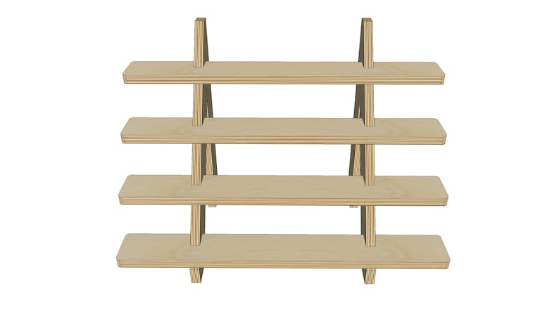 May include: A four-tier wooden shelf unit with a simple A-frame design. The shelves are made of light-colored wood and are supported by two vertical beams.