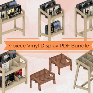 May include: Seven different DIY plans for building a vinyl record display stand. The plans are available as a PDF download bundle. The stands are made of wood and have a natural finish.