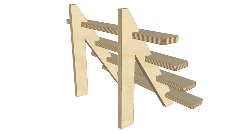 May include: A wooden shelf unit with four shelves, each angled slightly downward. The shelves are made of plywood and have a natural wood finish. The unit is freestanding and has a simple, modern design.