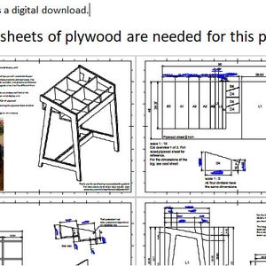Puede incluir: Un plano de trabajo digital para un peque&ntilde;o estante de almacenamiento de madera. El plano incluye un diagrama detallado del estante e instrucciones para cortar la madera contrachapada. El texto en el plano dice "&iexcl;Solo se necesitan dos hojas de madera contrachapada para este proyecto!"