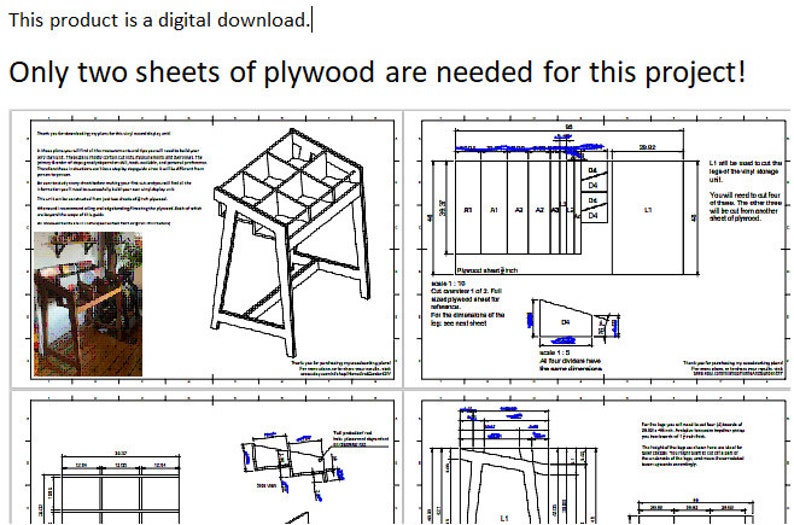 Puede incluir: Un plano de trabajo digital para un peque&ntilde;o estante de almacenamiento de madera. El plano incluye un diagrama detallado del estante e instrucciones para cortar la madera contrachapada. El texto en el plano dice "&iexcl;Solo se necesitan dos hojas de madera contrachapada para este proyecto!"