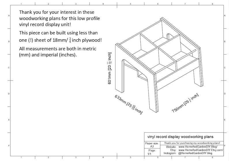 K&ouml;nnte beinhalten: Schwarz-wei&szlig;-Zeichnung von Holzbearbeitungspl&auml;nen f&uuml;r ein niedriges Vinyl-Platten-Display. Die Pl&auml;ne enthalten Ma&szlig;e in Zoll und Millimetern. Der Text "Thank you for your interest in these woodworking plans for this low profile vinyl record display unit!" ist im Bild enthalten. Der Text "This piece can be built using less than one (1) sheet of 18mm/inch plywood!" ist im Bild enthalten. Der Text "All measurements are both in metric (mm) and imperial (inches)." ist im Bild enthalten. Der Text "vinyl record display woodworking plans" ist im Bild enthalten. Der Text "Paper size: A3" ist im Bild enthalten. Der Text "Page: 1/1" ist im Bild enthalten. Der Text "Thank you for purchasing my woodworking plans!" ist im Bild enthalten. Der Text "Website: www.HomeAndGardenDIY Blog/" ist im Bild enthalten. Der Text "Etsy: www.HomeAndGardenDIY Etsy.com/" ist im Bild enthalten. Der Text "Instagram: @HomeAndGardenDIY.blog" ist im Bild enthalten.