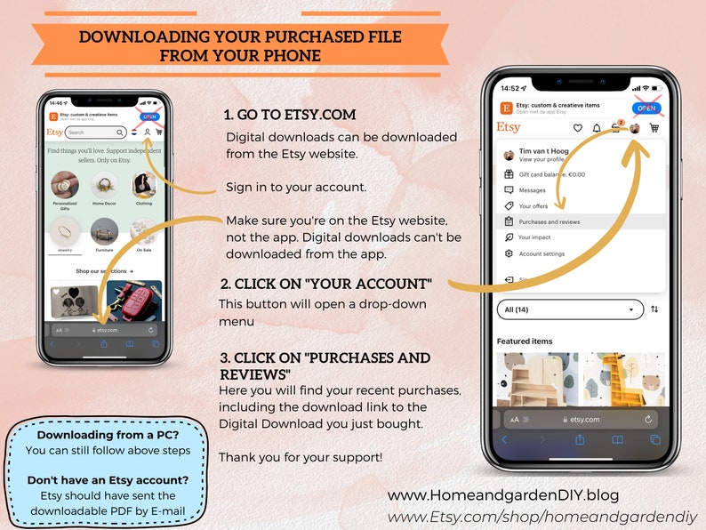 Puede incluir: Una captura de pantalla de un tel&eacute;fono m&oacute;vil que muestra la aplicaci&oacute;n Etsy. La pantalla muestra instrucciones sobre c&oacute;mo descargar un archivo digital comprado desde el sitio web de Etsy. Las instrucciones incluyen los pasos para iniciar sesi&oacute;n en tu cuenta de Etsy, hacer clic en "Tu cuenta" y luego hacer clic en "Compras y rese&ntilde;as".