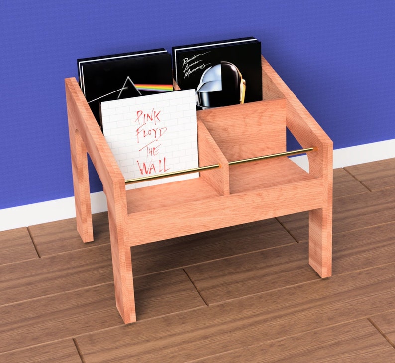 K&ouml;nnte beinhalten: Ein Holz-Schallplattenst&auml;nder mit drei Regalen, der Schallplatten mit Albumcovern von Pink Floyd, Daft Punk und einem wei&szlig;en Album mit dem Text "Pink Floyd The Wall" enth&auml;lt.