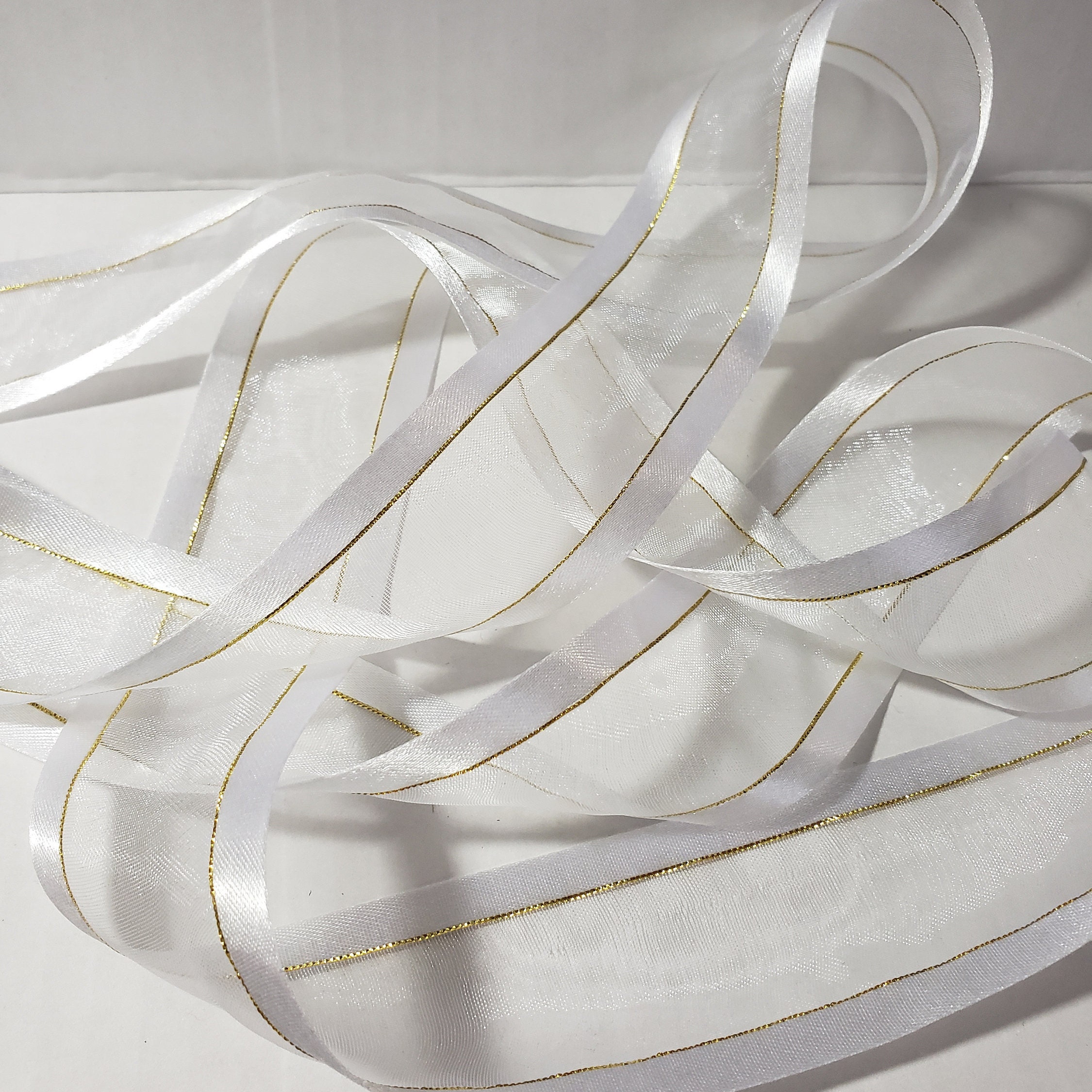 Sheer White Ribbon With Gold and Trim Elegant Ribbon for Bows Etsy