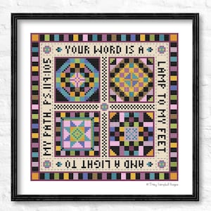 Könnte beinhalten: Ein Kreuzstichmuster mit einem Quiltblock-Design und dem Text "Your word is a lamp to my feet and a light to my path. Ps. 119:105".