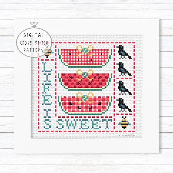 Life is Sweet Watermelon Quilt Counted Cross Stitch, Gingham Watermelon Cross-stitch, Summer Cross Stitch Chart, Sweet Cross Stitch Quote